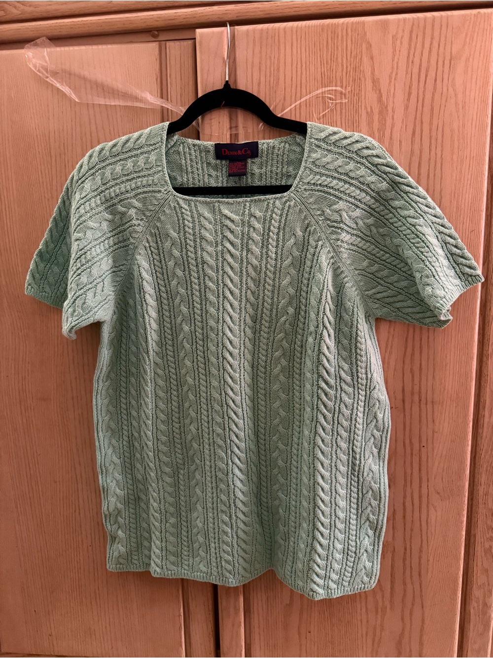Denim&Co Mint Cable-Knit Short Sleeve Sweater